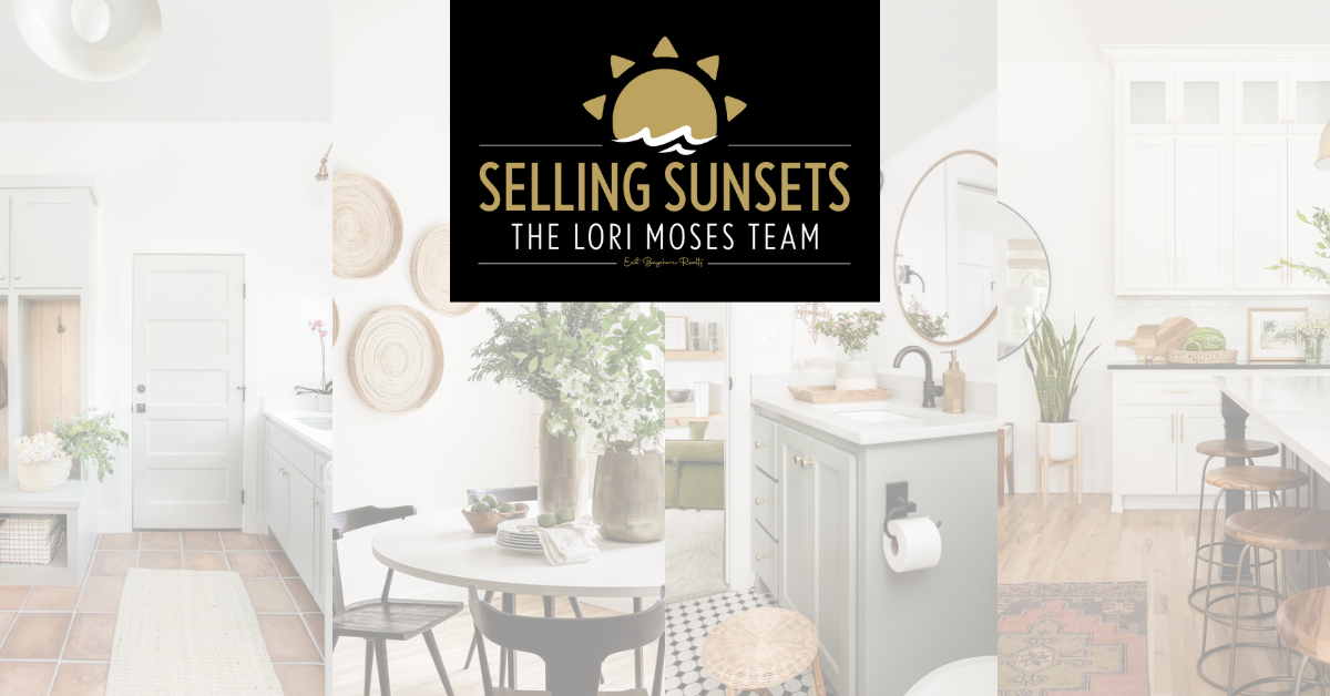 header with photos of home interiors and selling sunsets logo